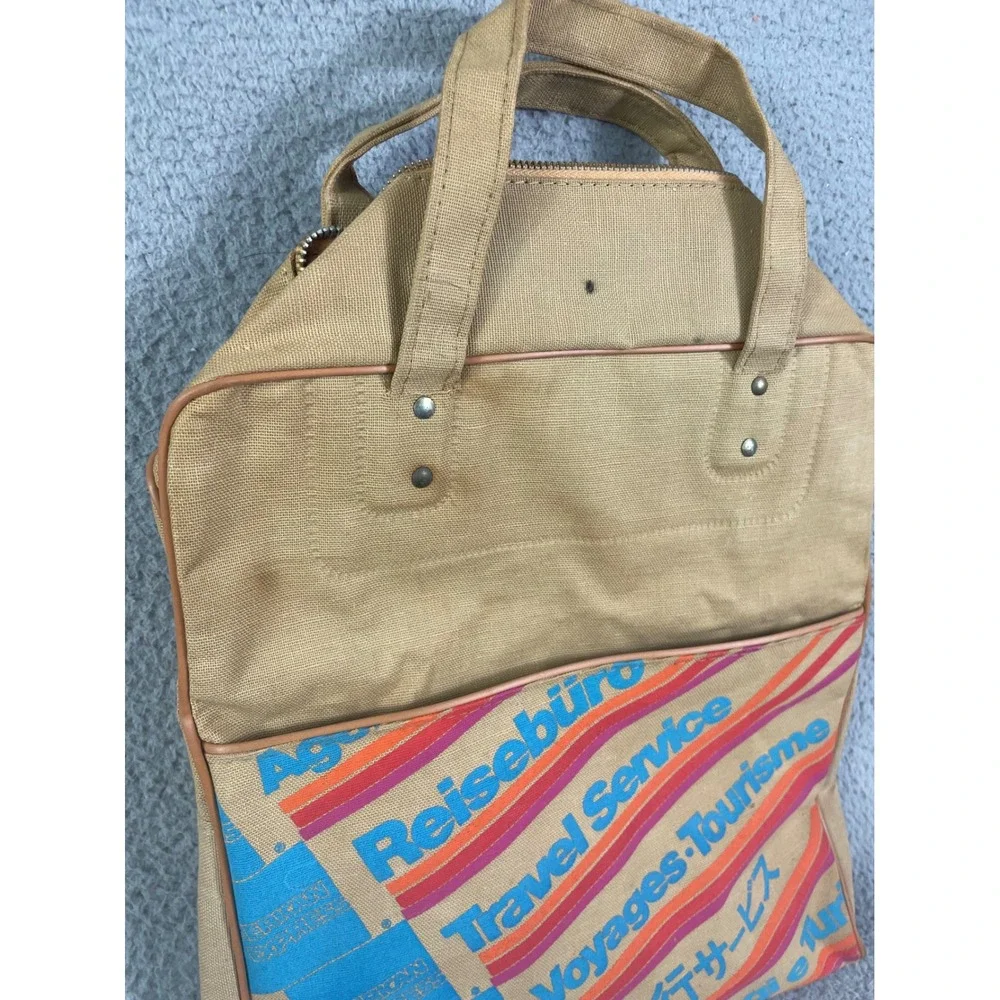 American‎ Express Travel Service Canvas Duffle Bag Beige Blue Logo Zip Top